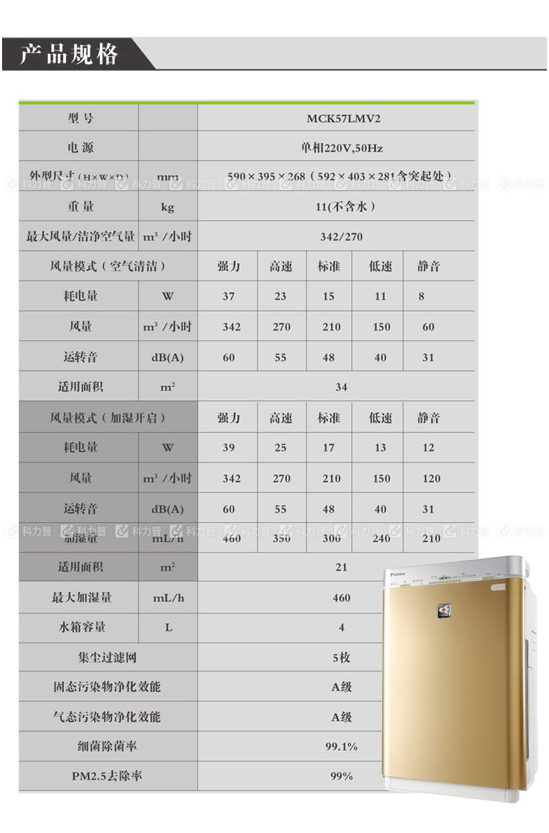 大金 DAIKIN 空气净化器 MCK57LMV2-N （香槟金）