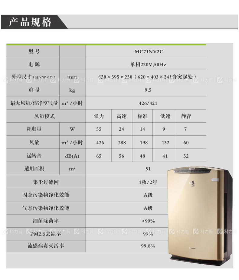 大金 DAIKIN 空气净化器 MC71NV2C-N （金色）