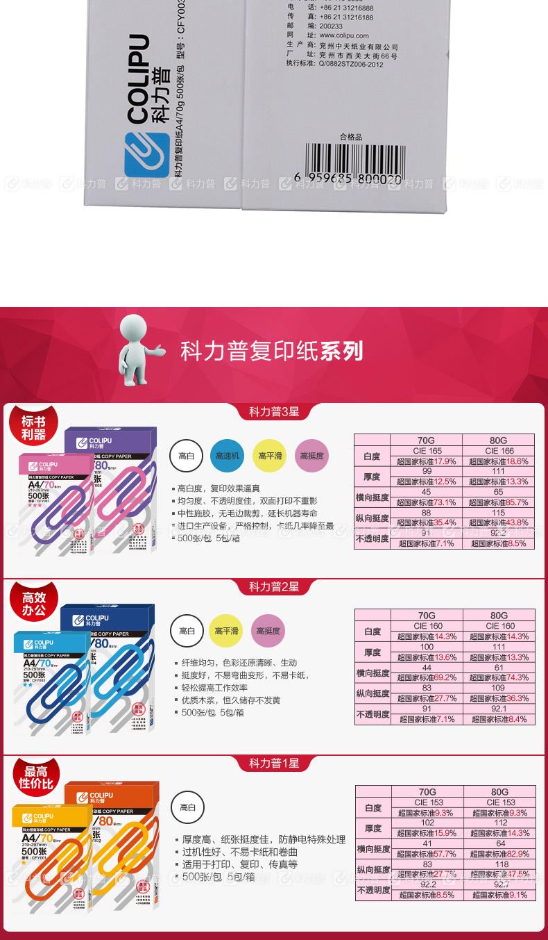 科力普 COLIPU 复印纸 CFY003 2星 A4 70g 500张/包