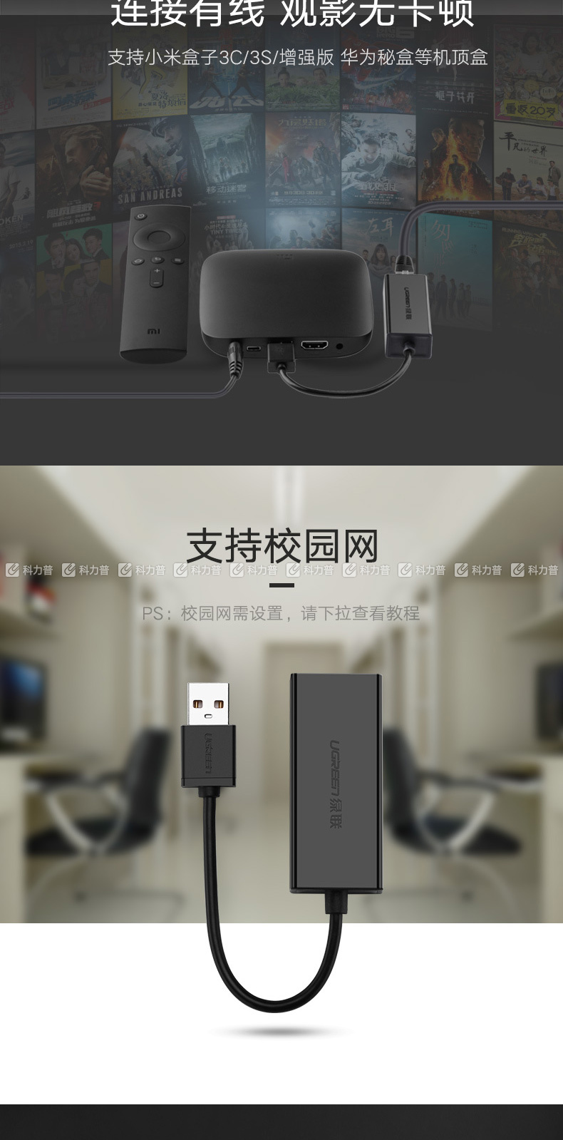 绿联 UGREEN USB集线器 20254  USB2.0百兆有线网卡 USB转RJ45接口