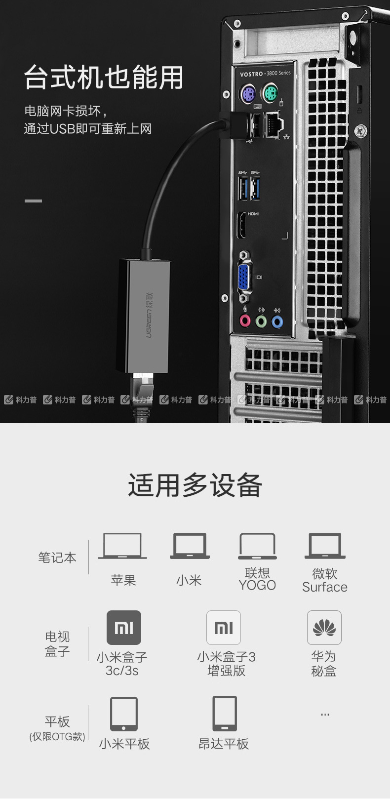 绿联 UGREEN USB集线器 20254  USB2.0百兆有线网卡 USB转RJ45接口