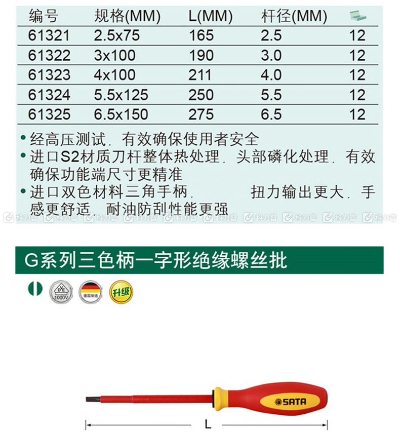 世达 STAR T系列双色柄一字绝缘螺丝刀 61322 3*100MM 