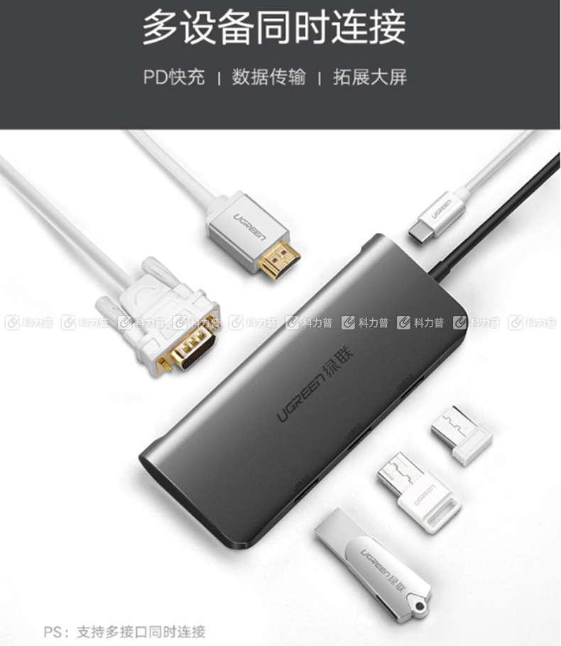 绿联 UGREEN 扩展坞 50319 Type-c转HDMI/VGA USB-C转接头 数据线 充电转换器 4K投屏 分线器 