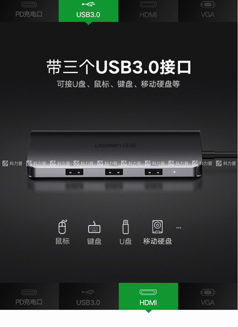 绿联 UGREEN 扩展坞 50319 Type-c转HDMI/VGA USB-C转接头 数据线 充电转换器 4K投屏 分线器 