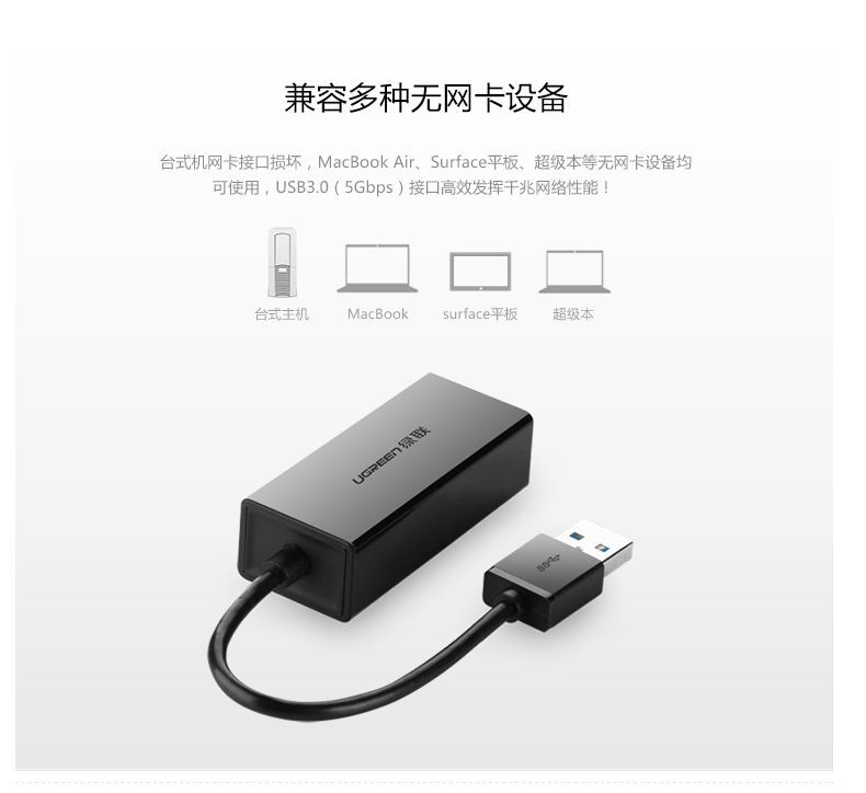 绿联 UGREEN 有线千兆网卡 20256 USB3.0 (黑色)