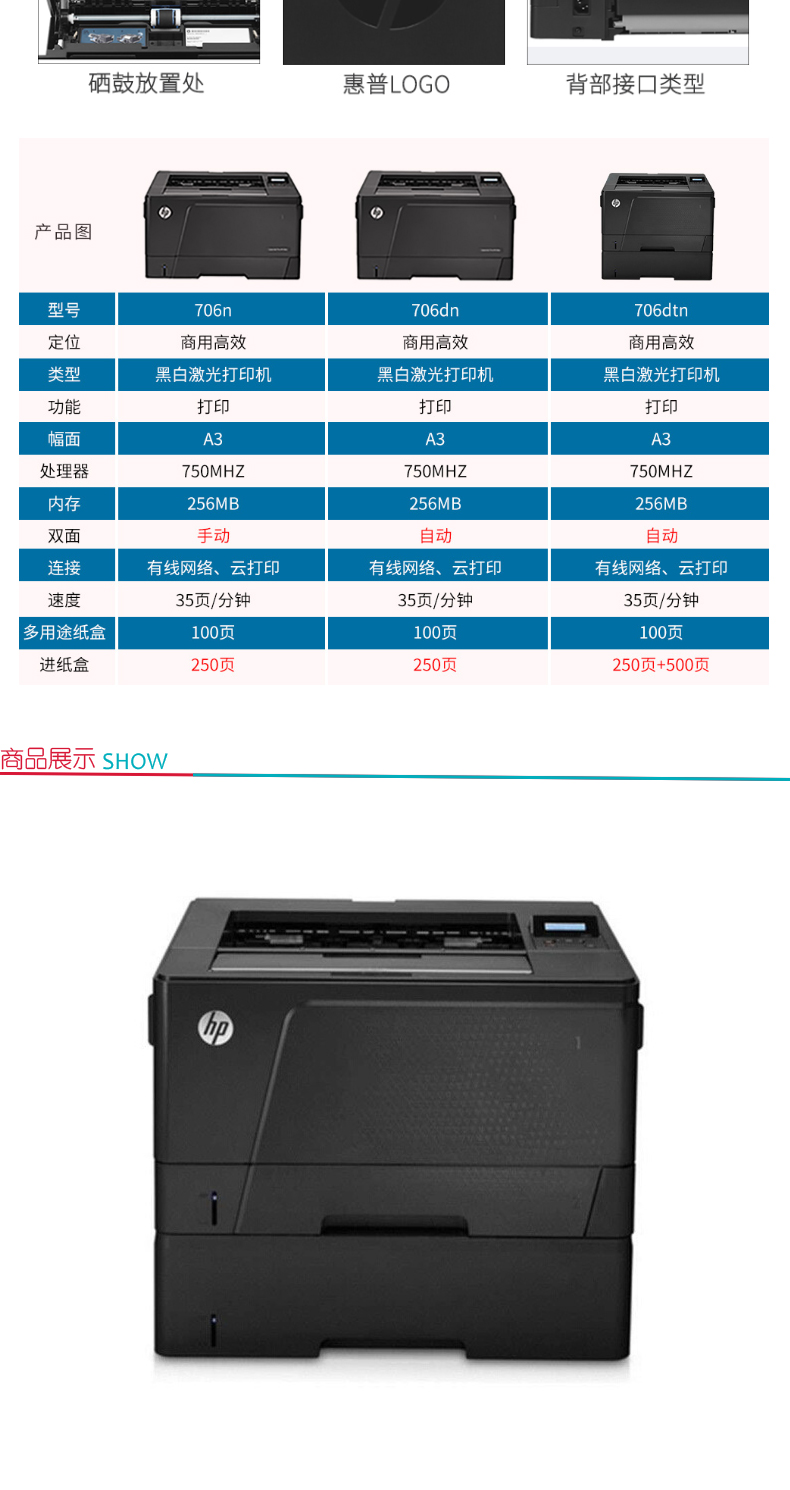 惠普 HP A3黑白激光打印机 LaserJet Pro M706dtn  (标配三年上门保修)