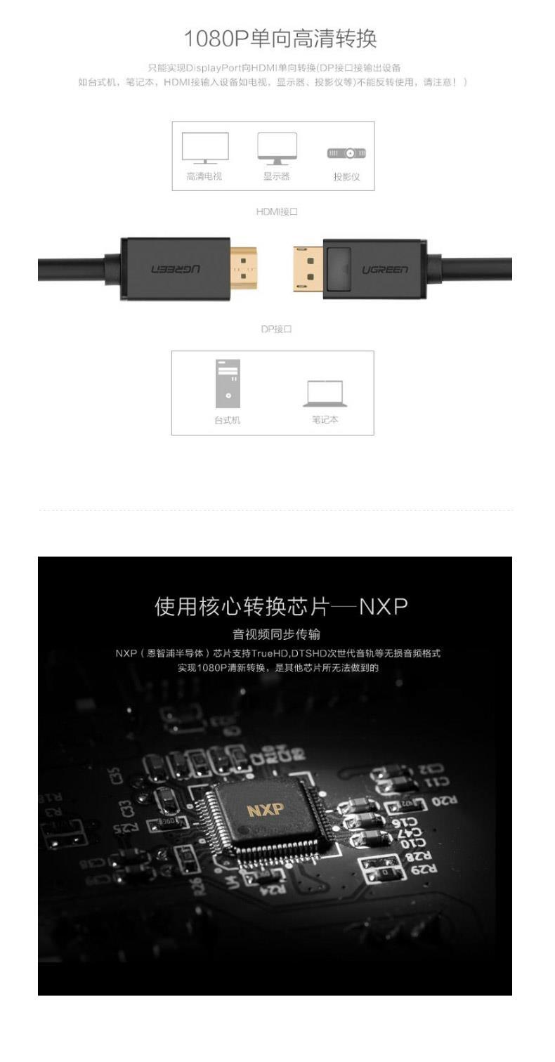 绿联 UGREEN DP转HDMI转接线 Displayport to HDMI 10202 2米 