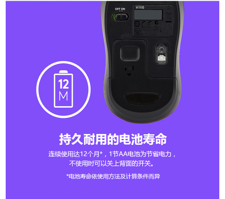 罗技 Logitech 无线鼠标 M186 (灰黑)