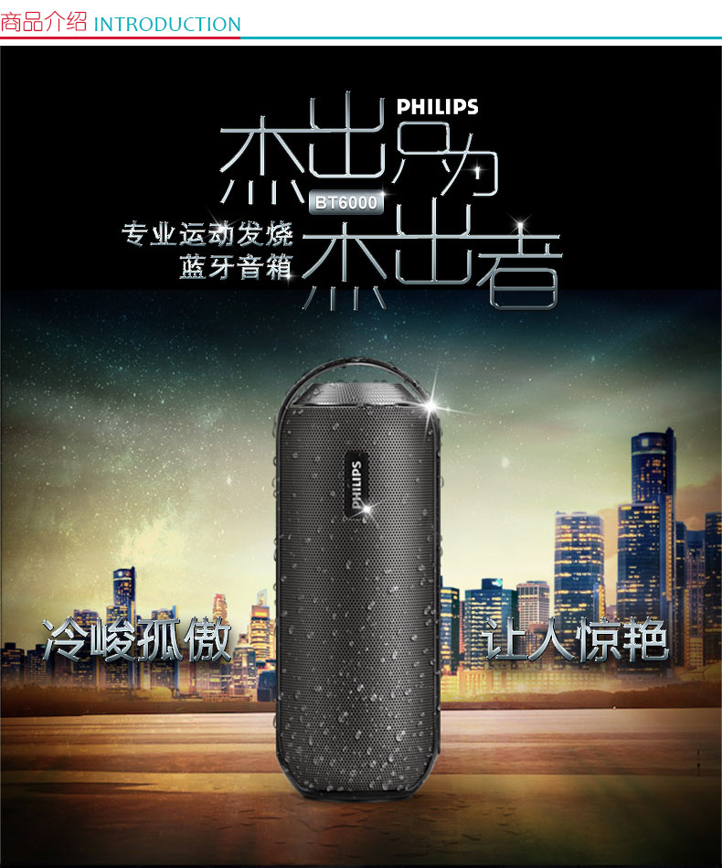 飞利浦 PHILIPS 便携式无线蓝牙音箱 免提通话/NFC功能 BT6000 (黑色)