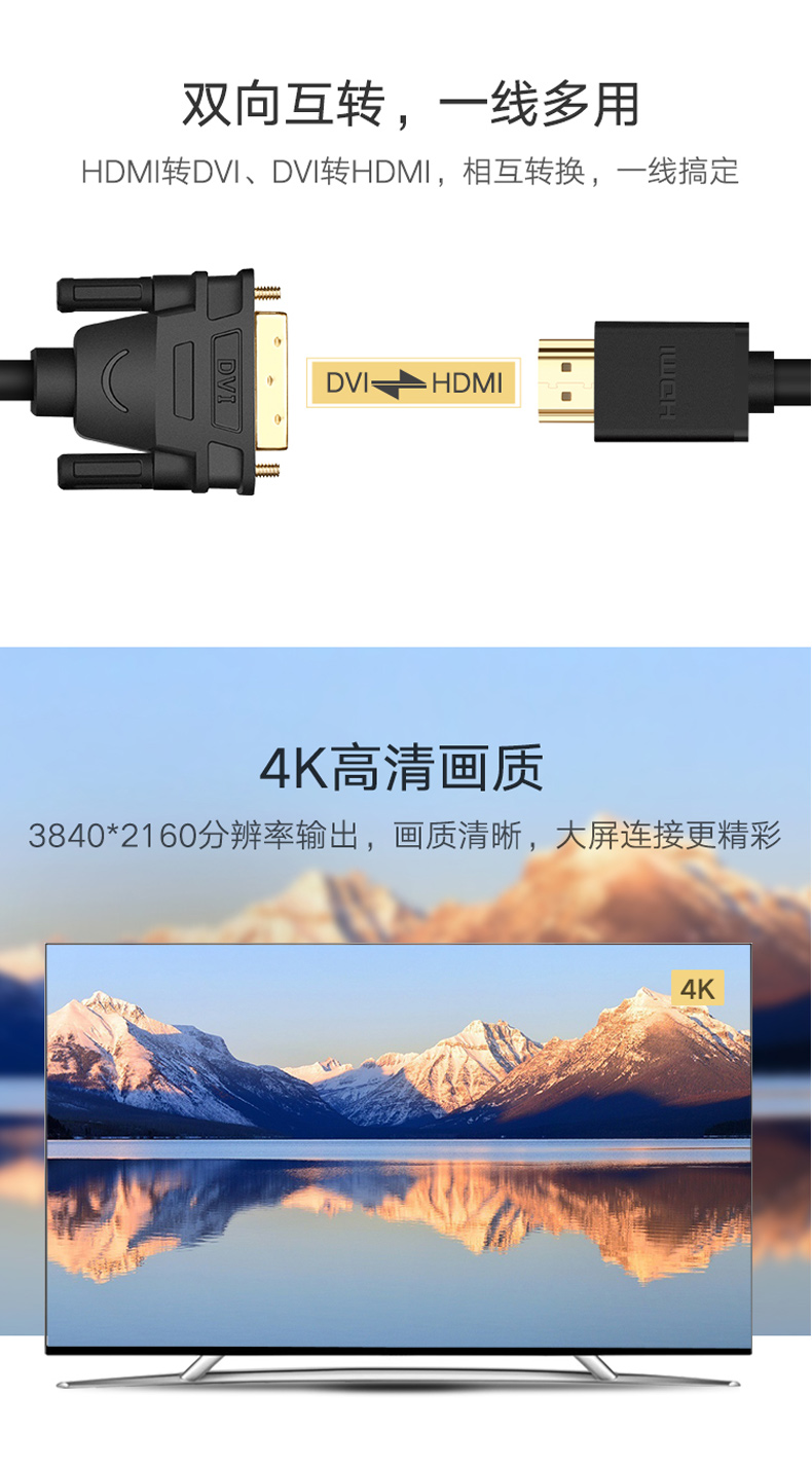 绿联 UGREEN HDMI转DVI双向转接线 10135 2米 (黑色)