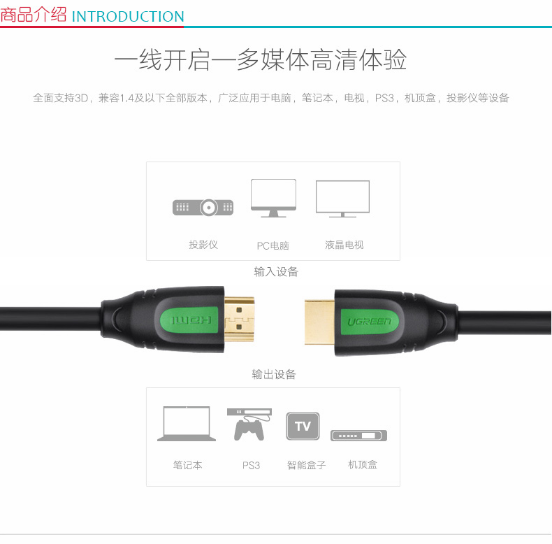 绿联 UGREEN HDMI线 10129 2米  黄黑头