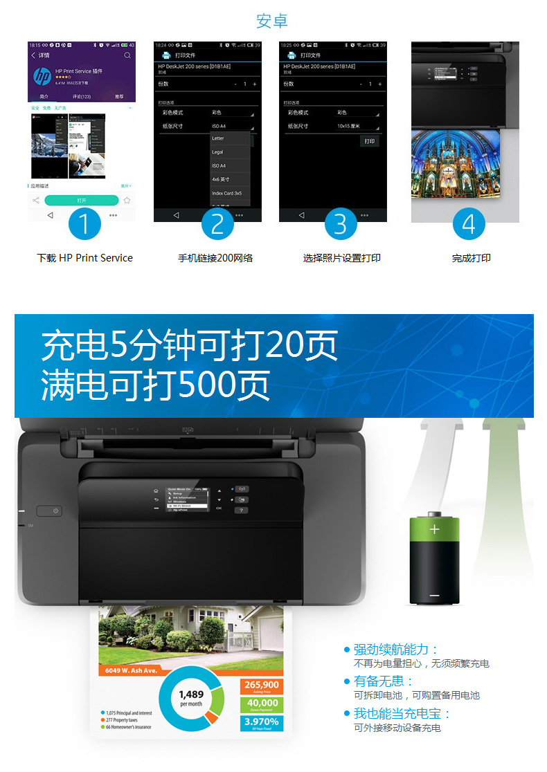 惠普 HP A4彩色喷墨无线打印机 OfficeJet 200 