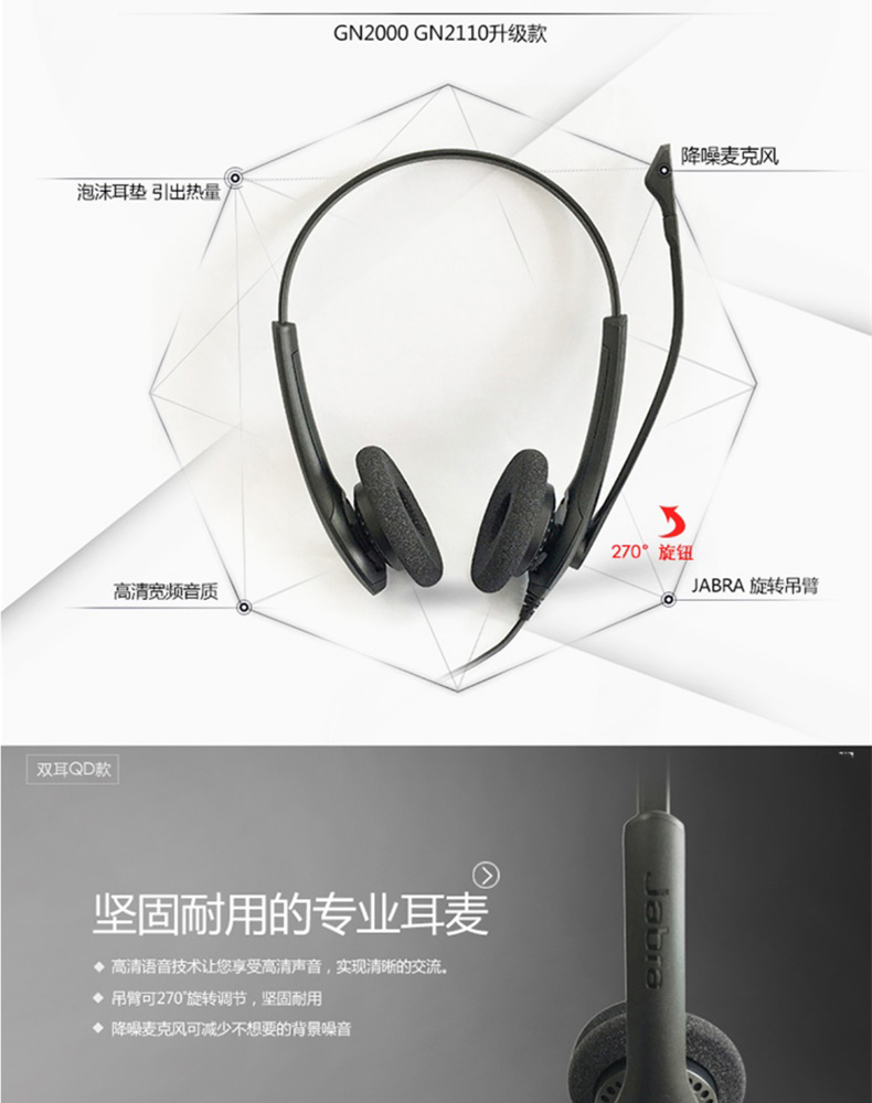 捷波朗 Jabra 话务耳机 BIZ 1500 DUO-RJ9 双耳 (黑色) 含水晶头线