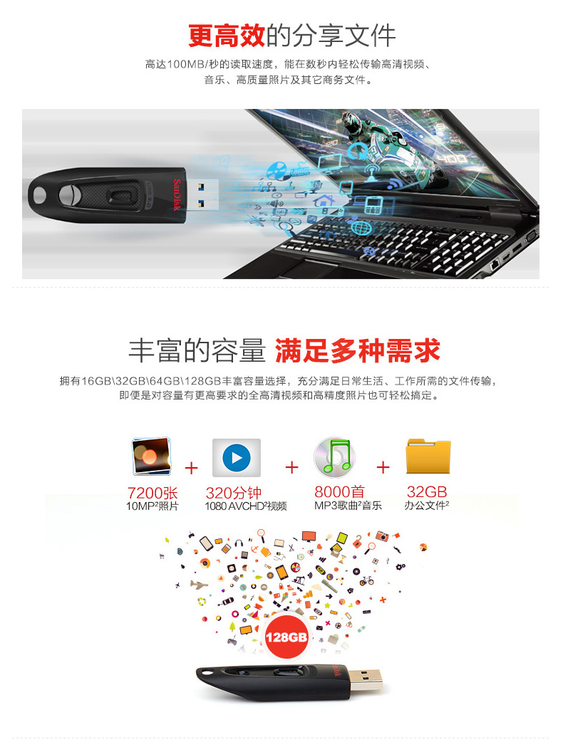 闪迪 SanDisk U盘 CZ48 128GB  至尊高速 USB3.0 U盘 读100MB/s 写40MB/s