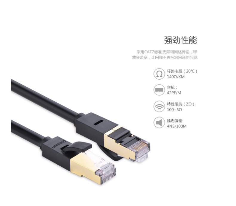 绿联 UGREEN 七类屏蔽网线 Cat7 11229 0.5米 (黑色)