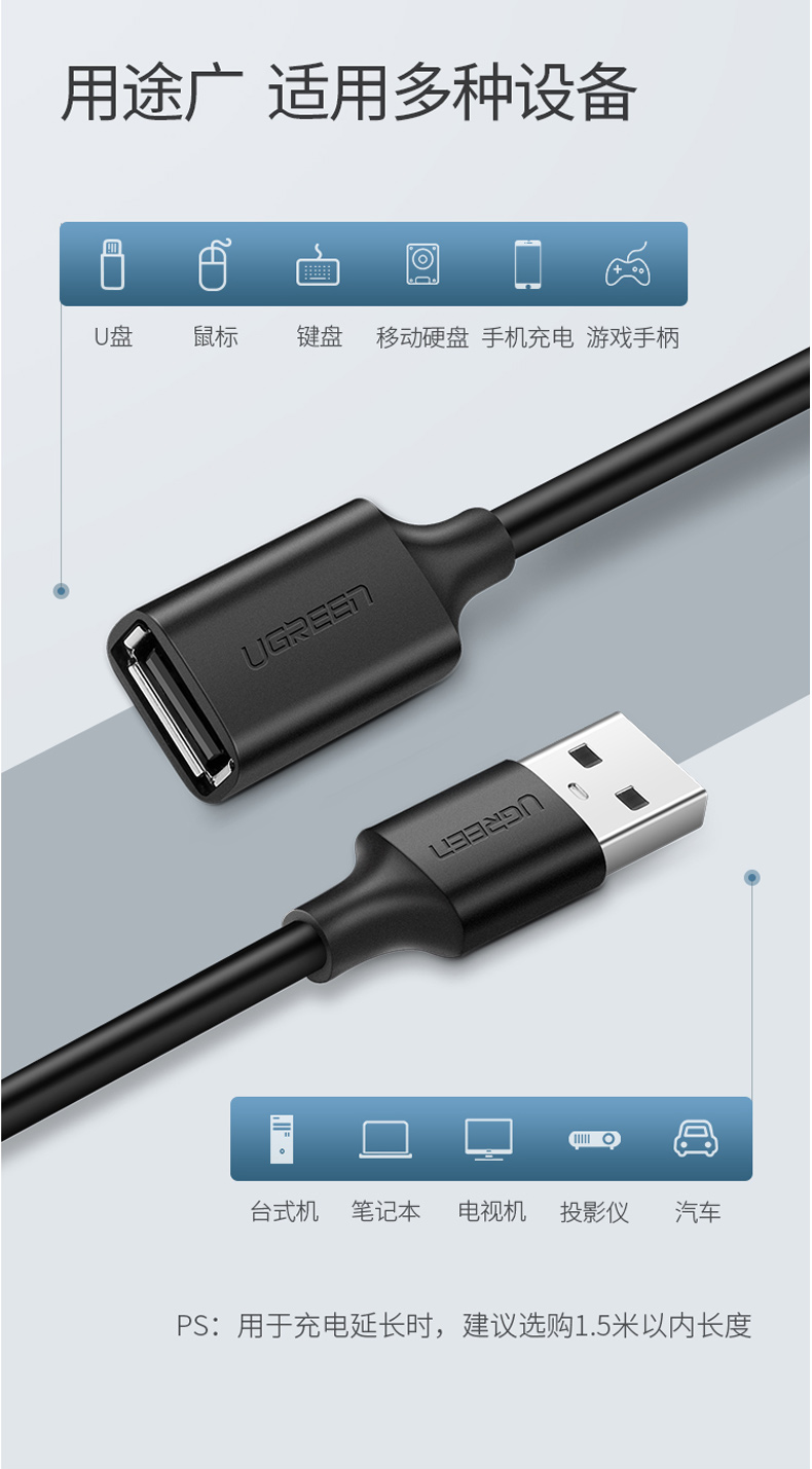 绿联 UGREEN USB延长线 USB2.0公对母 10317 3米 (黑色)