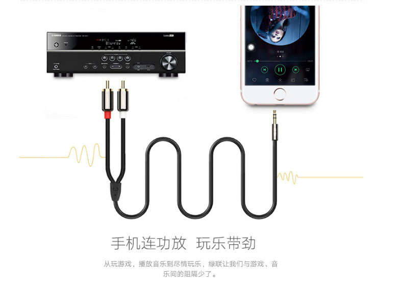 绿联 UGREEN 3.5mm音频线转双莲花头2RCA 一分二 10749 1米 