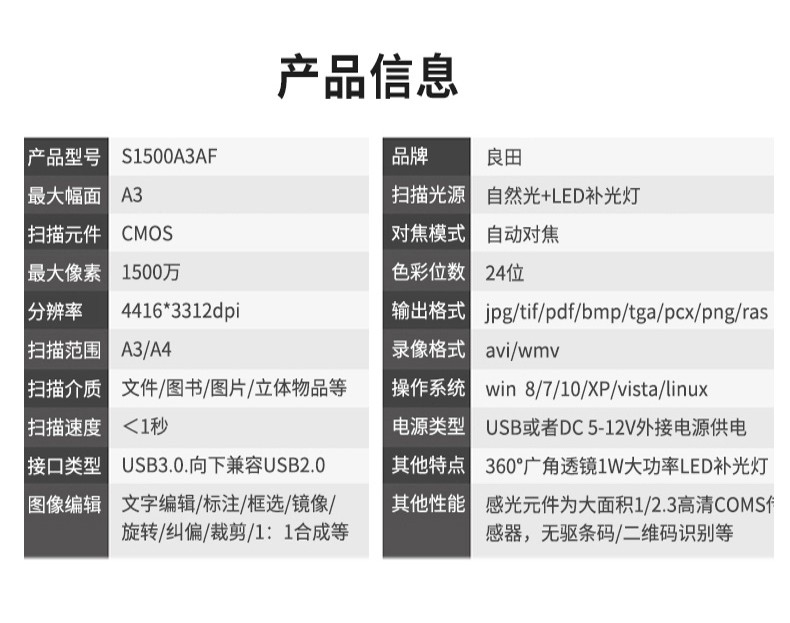 良田 Eloam A3 1500万像素高拍仪 S1500A3Af  (自动对焦)