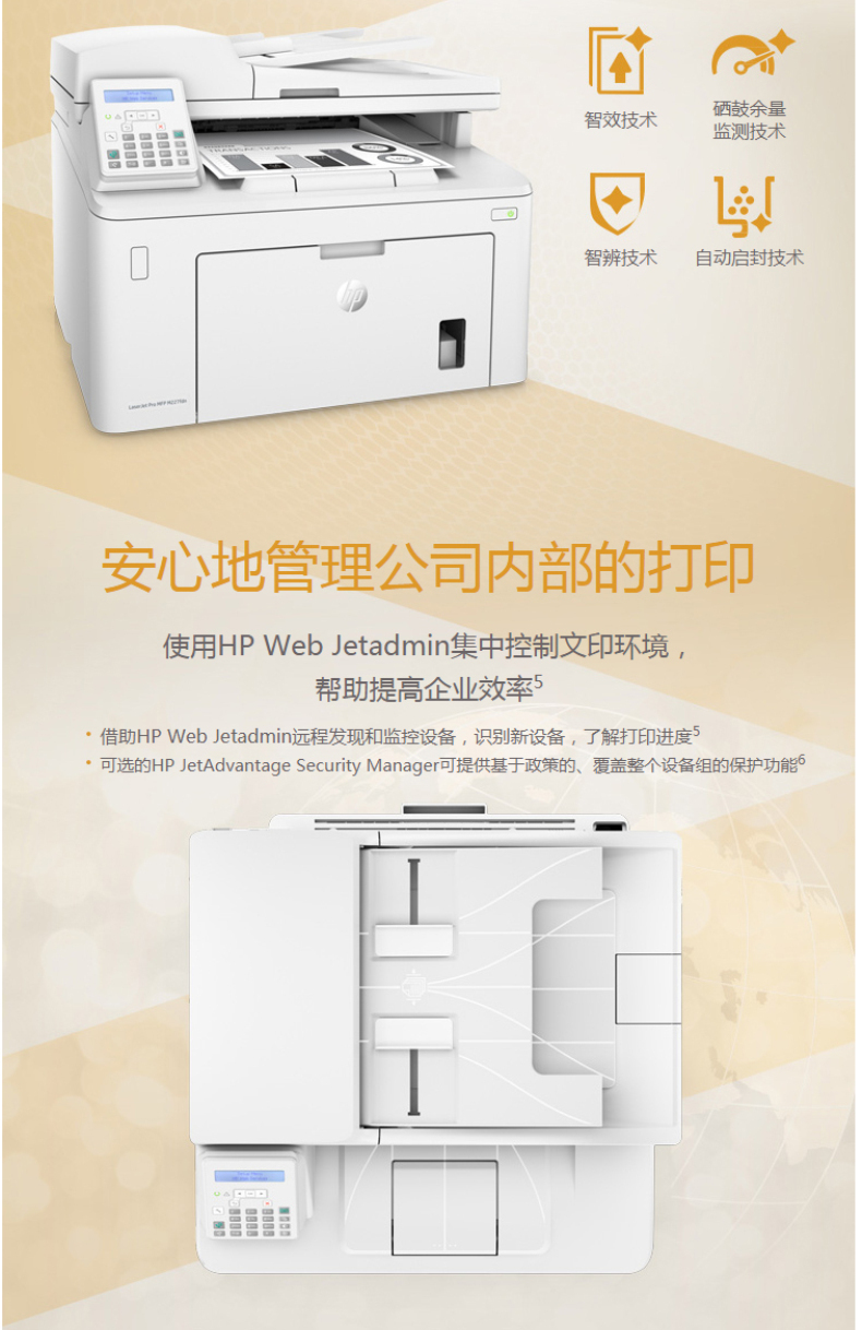 惠普 HP A4黑白激光多功能一体机 LaserJet M227fdn(打印、复印、扫描、传真) 