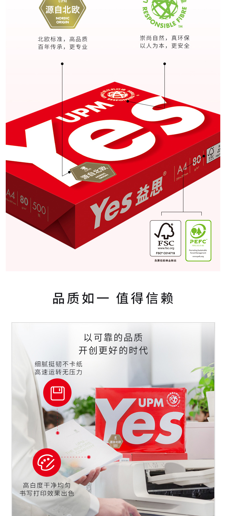 益思 YES 高白多功能复印纸 A4 80g  500张/包 5包/箱 (大包装)