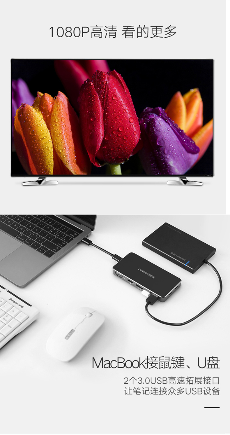 绿联 UGREEN Type-C转HDMI/VGA/DP转换器 40872  苹果MacBook扩展坞转接头 带PD充电 USB-C集线器 3.0HUB分线器