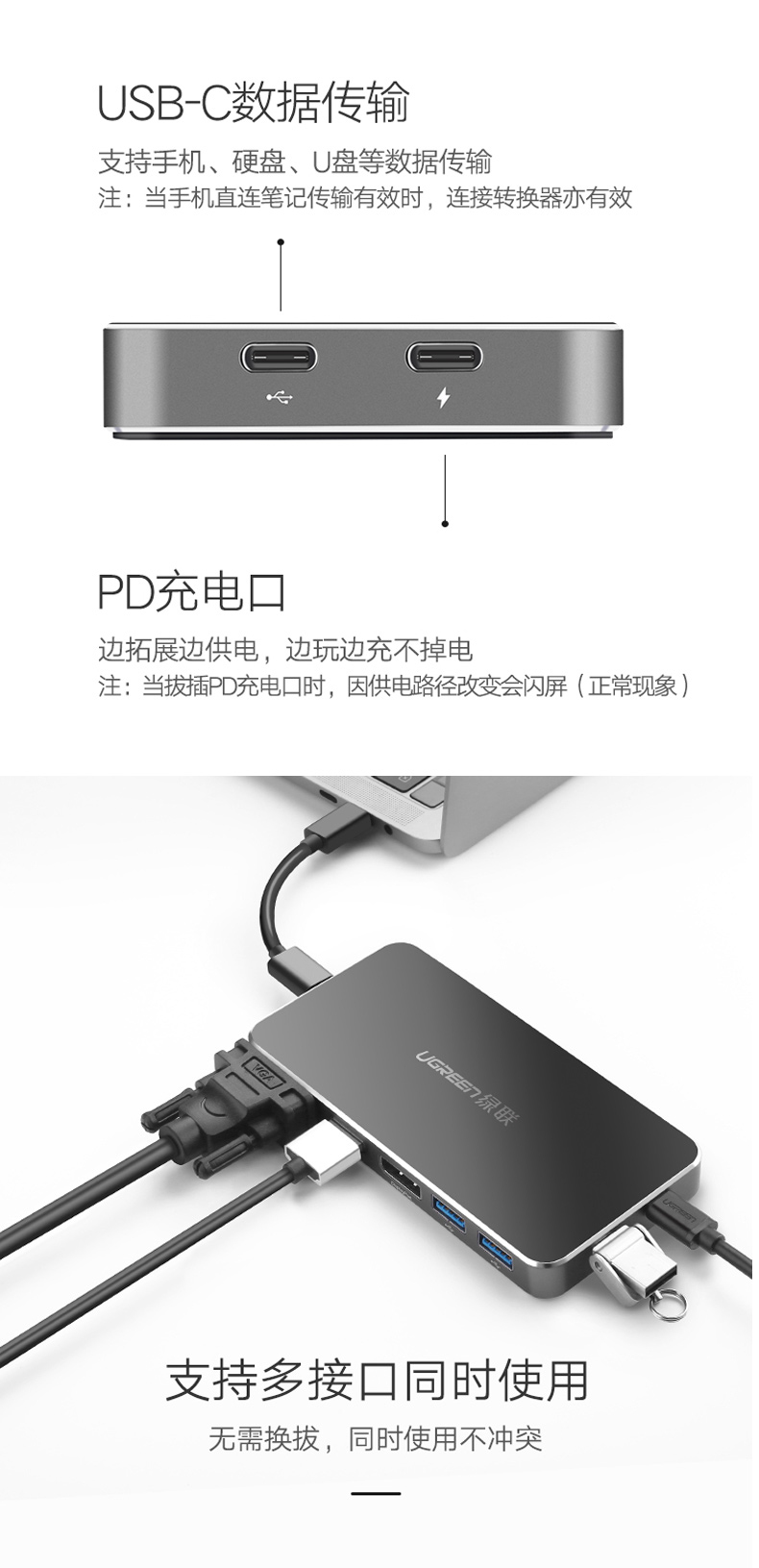 绿联 UGREEN Type-C转HDMI/VGA/DP转换器 40872  苹果MacBook扩展坞转接头 带PD充电 USB-C集线器 3.0HUB分线器