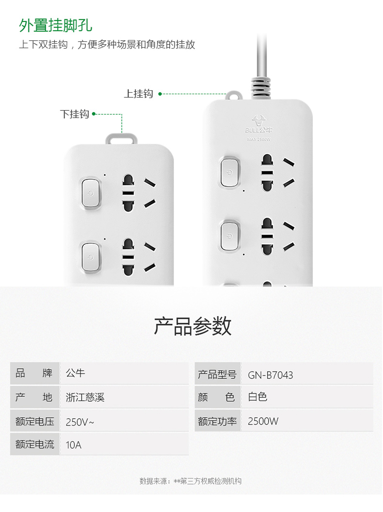 公牛 BULL 插线板 GN-B7043 分控4位 1.8米  (2017新国标)