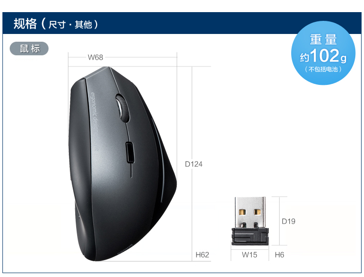 山业 SANWA 人体工学蓝光LED无线鼠标 MA-ERGW8 
