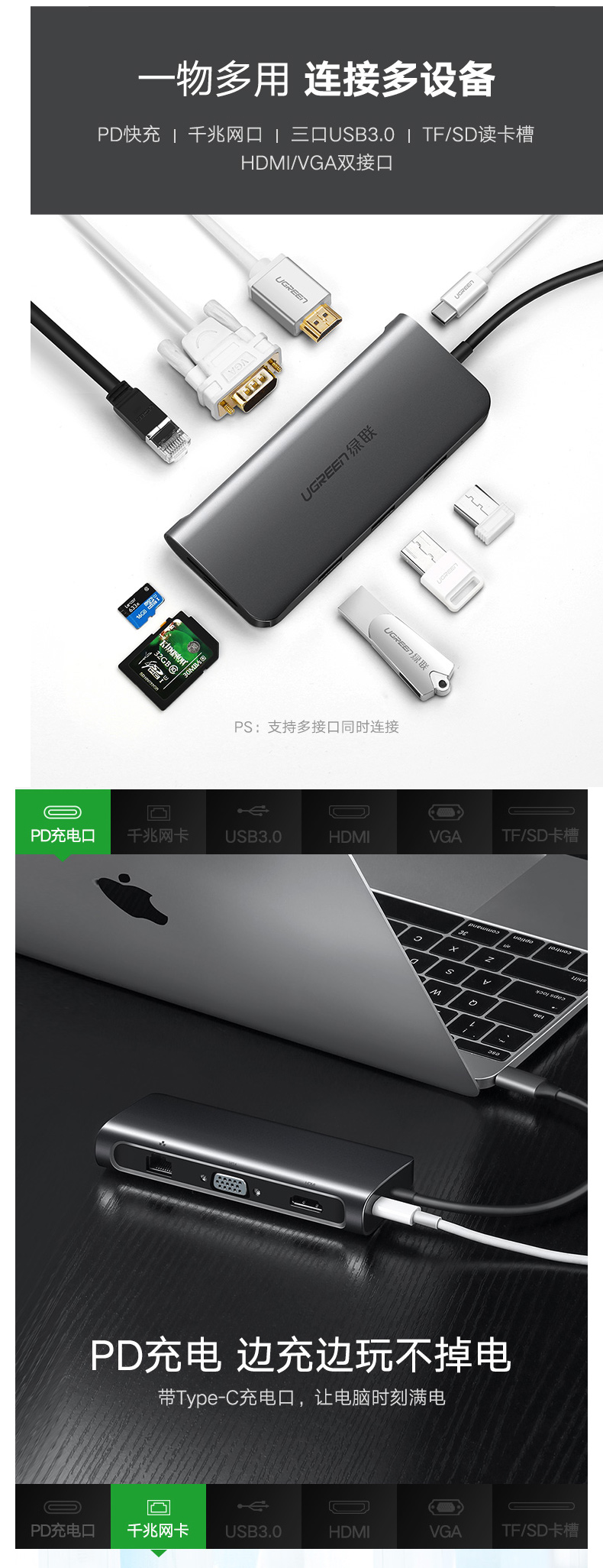 绿联 UGREEN Type-C转HDMI/VGA转换器 40873  USB-C扩展PD充电转接头数据线 USB3.0