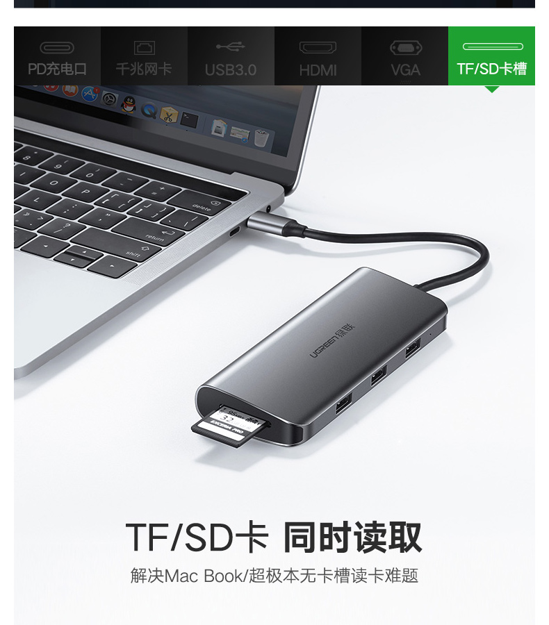 绿联 UGREEN Type-C转HDMI/VGA转换器 40873  USB-C扩展PD充电转接头数据线 USB3.0