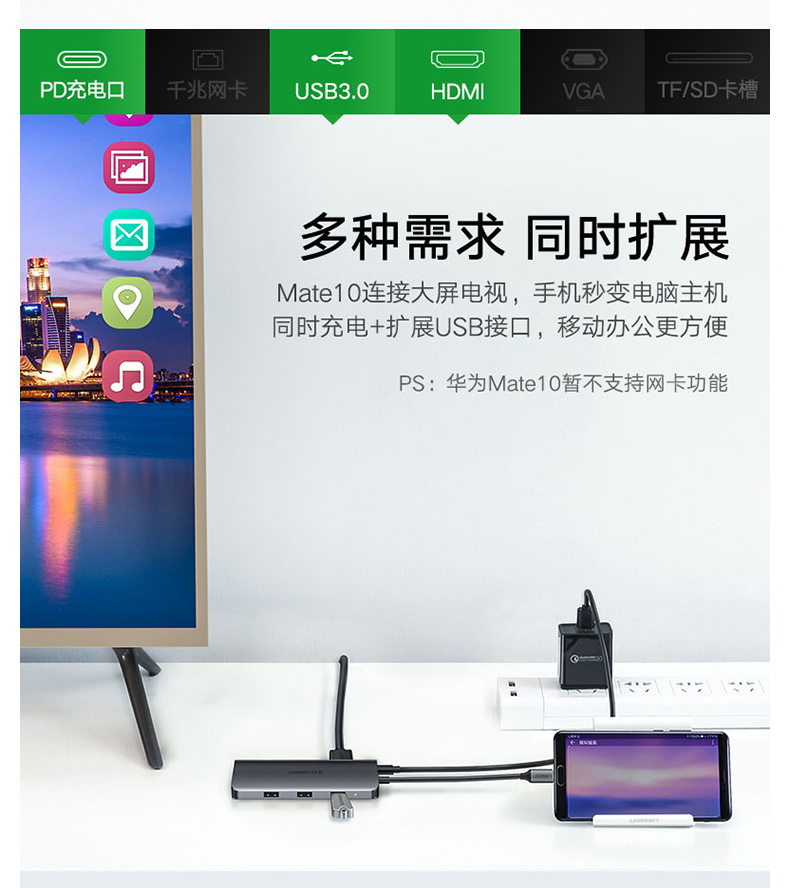 绿联 UGREEN Type-C转HDMI/VGA转换器 40873  USB-C扩展PD充电转接头数据线 USB3.0