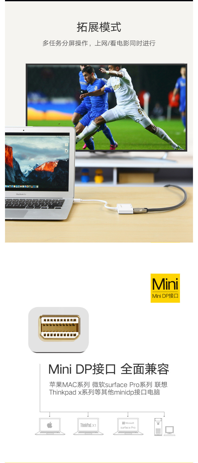 绿联 UGREEN Mini DP转HDMI/VGA二合一转换器 40364 (白色) 4K高清 迷你dp雷电接口 苹果Mac接显示器转接头