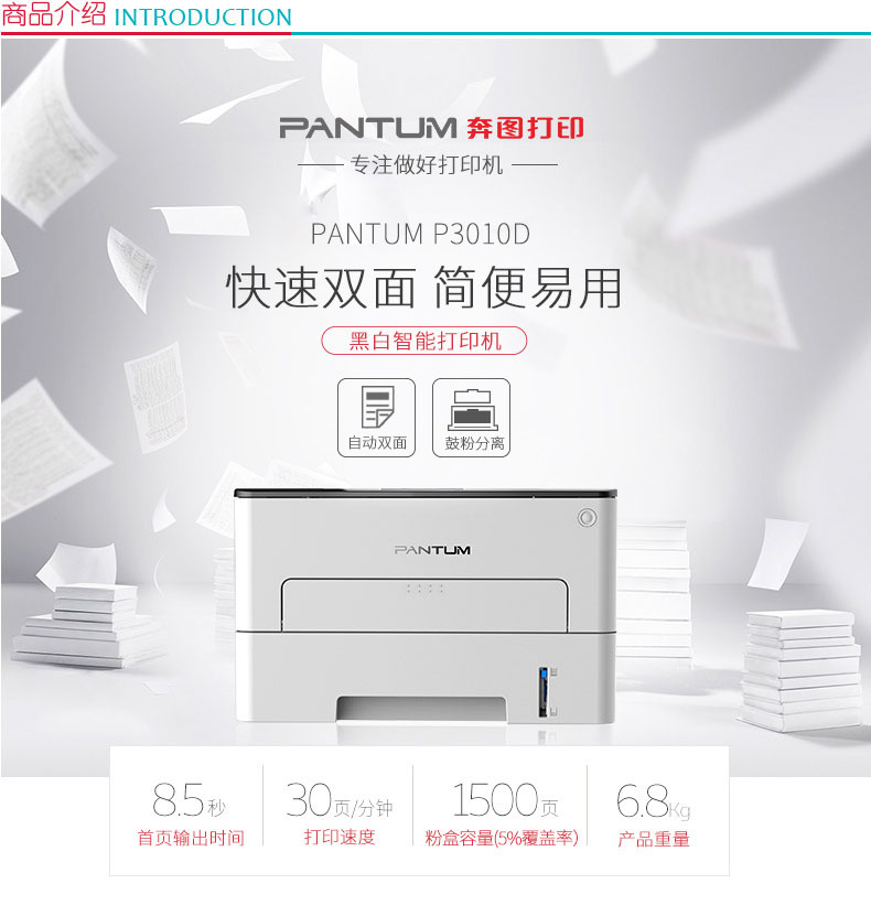 奔图 Pantum A4黑白激光打印机 P3010D 