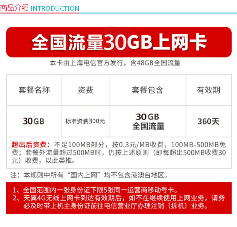 中国电信 China Telecom 上网资费卡 60G全国流量 营业厅实名