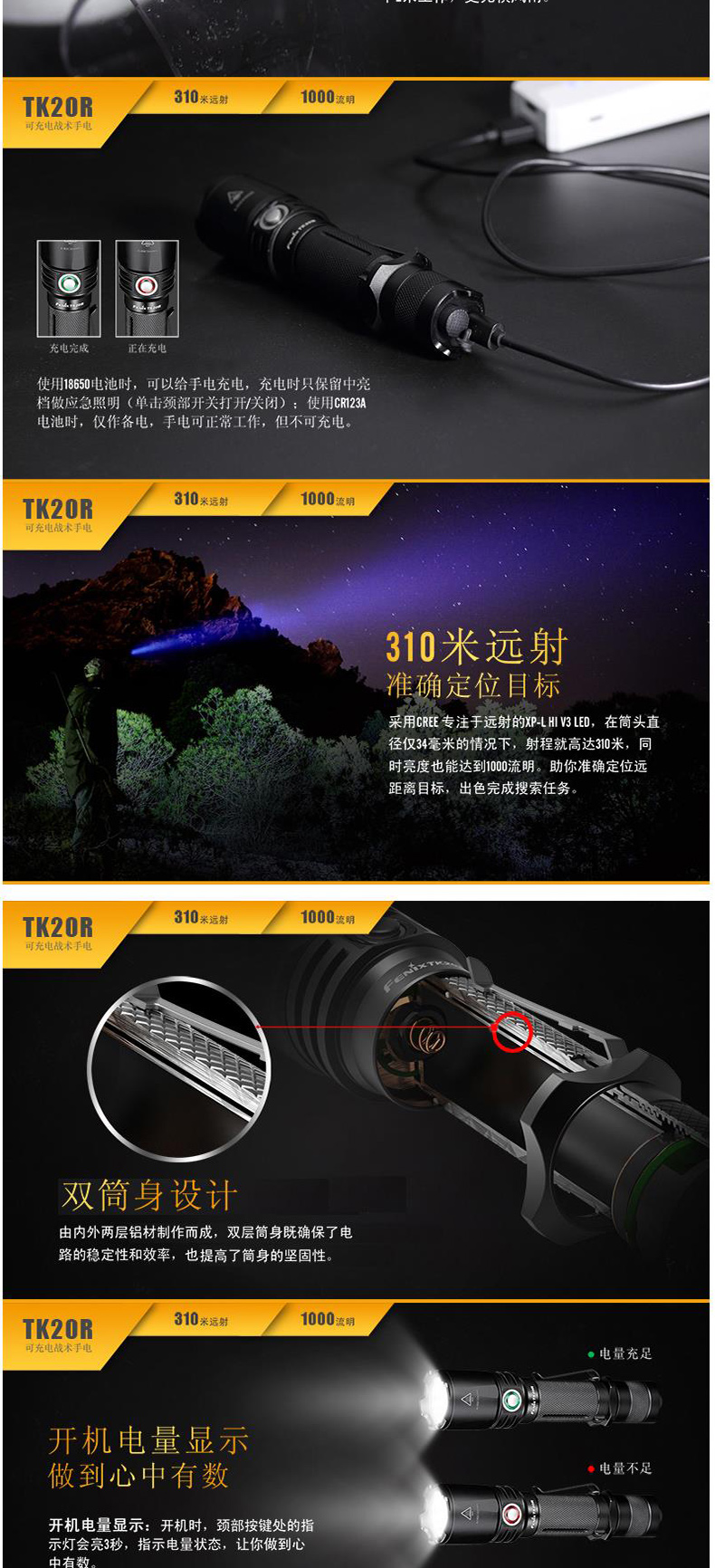 Fenix菲尼克斯 USB充电远射战术防水防尘手电筒 TK20R 1000流明 (黑色)