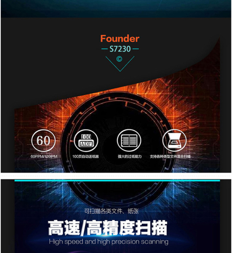 方正 Founder 双面自动进纸高速档案批量条码识别扫描仪 s7230 