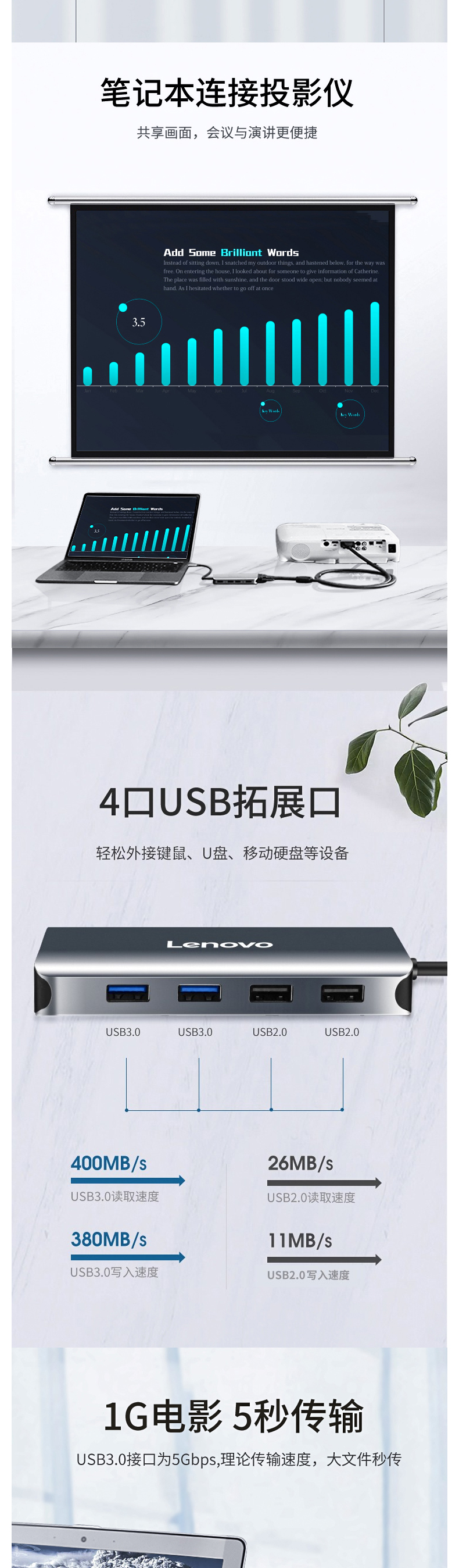 联想 lenovo Type-C扩展坞 LX0808  USB-C转HDMI/VGA转接头网线接口转换器苹果电脑拓展坞 青春款USB3.0HUB分线器网口网卡