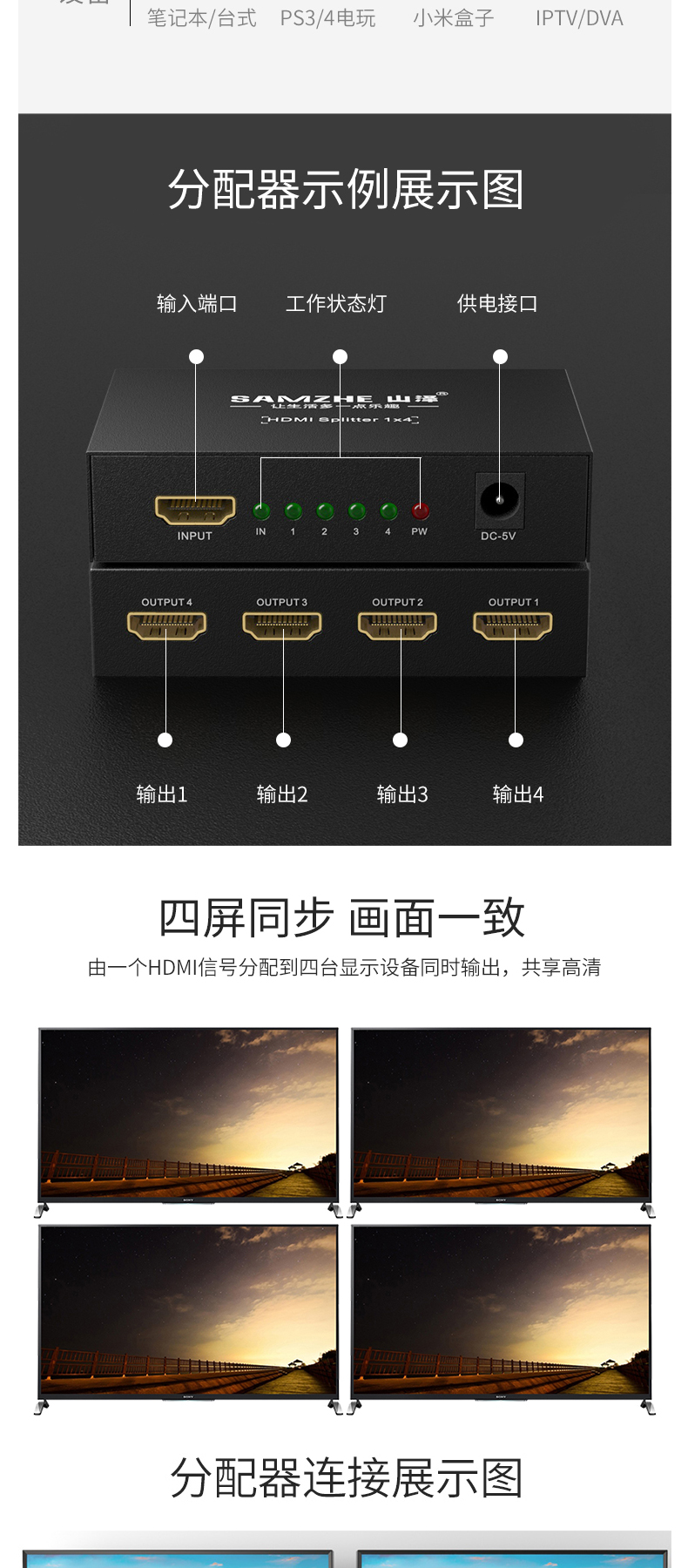 山泽 SAMZHE HDMI一进四出分配器 HV-504W  支持3D 4K数字高清视频1分4一分四分屏器 笔记本连接投影仪