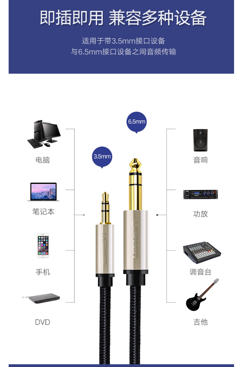 绿联 UGREEN 音频线 40804 音频线 AV127 2m 3.5转6.5 公对公 (黑色)