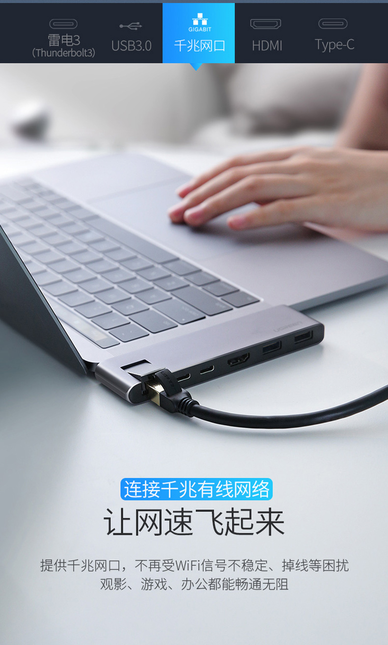 绿联 UGREEN 扩展坞 50984 Type-C MacBook Pro转换器 USB-C转HDMI 网口转接头 