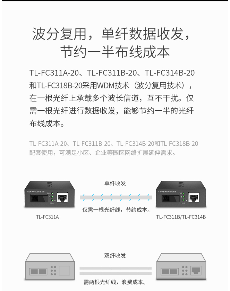 普联 TP-LINK 收发器 TL-FC311A-20 (黑色) 千兆单模单纤 光电转换器(单只装)