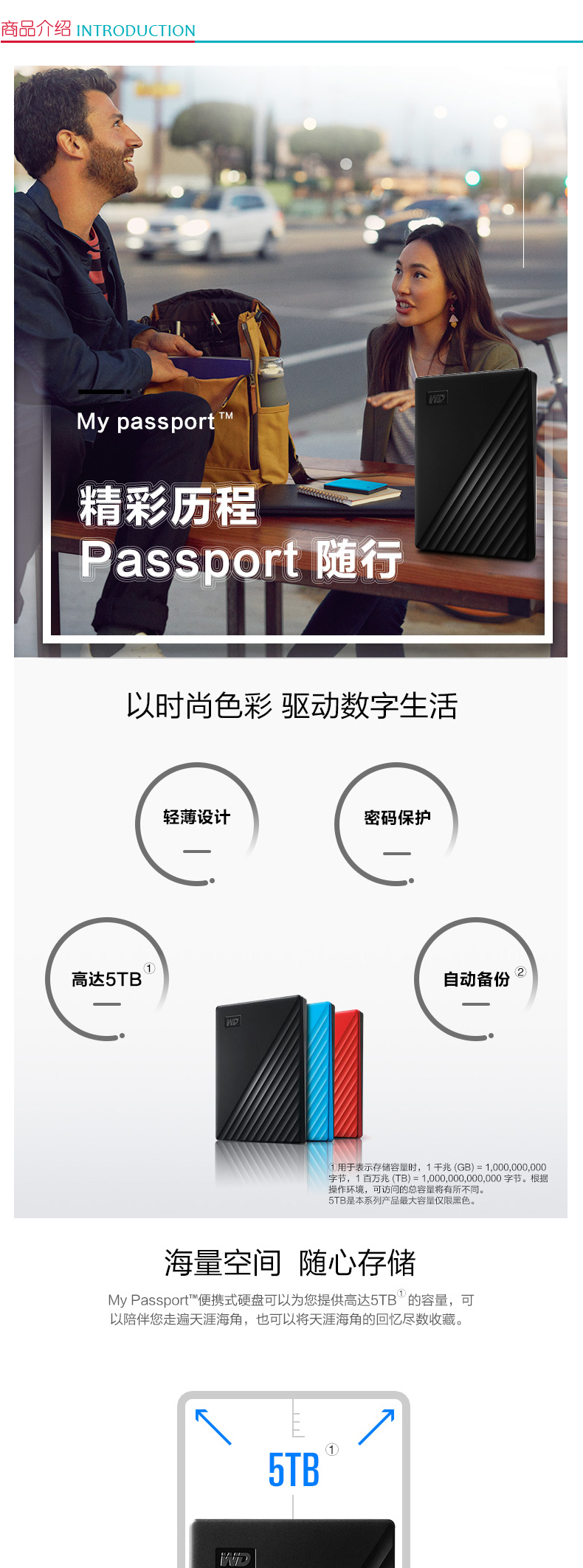 西部数据 WD 移动硬盘 WDBYVG0010BBK 1TB (黑) USB3.0 My Passport 2.5英寸 黑色(密码保护 自动备份)