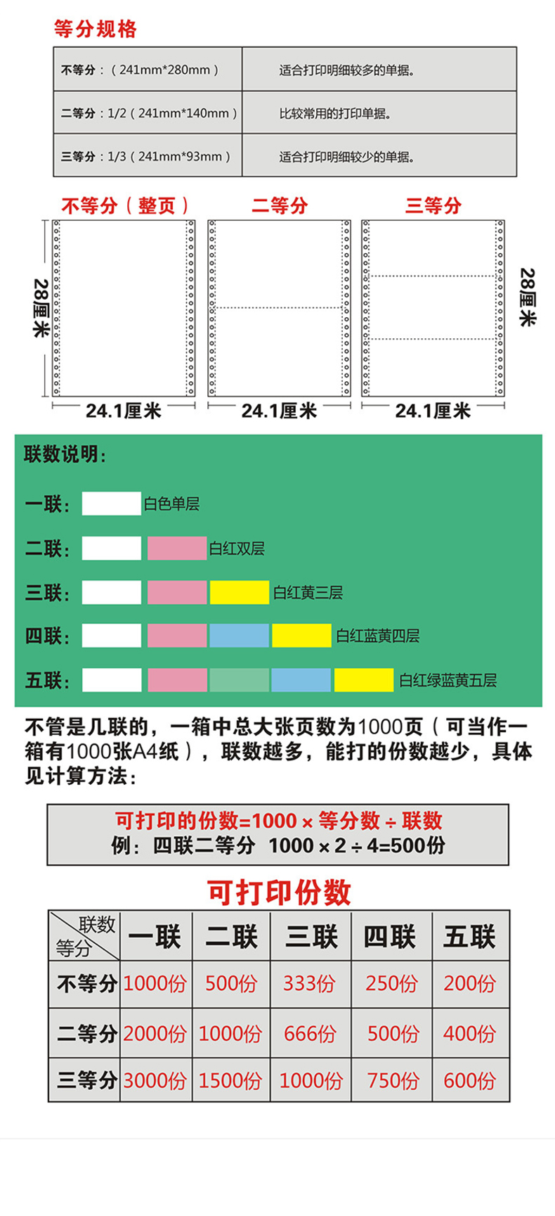 得力 deli 塞纳河 电脑打印纸 N241-2 80列 无等分 2联 无压线 (彩色) 1000页/箱