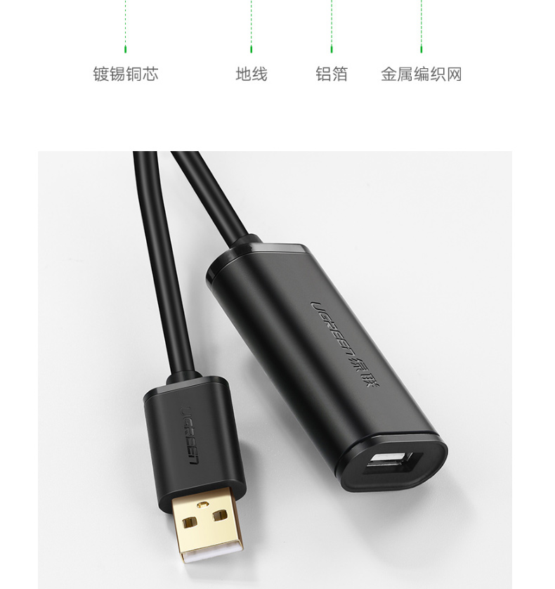 绿联 UGREEN USB2.0延长线 10323 公对母 带信号放大器工程级 15米 (黑色)