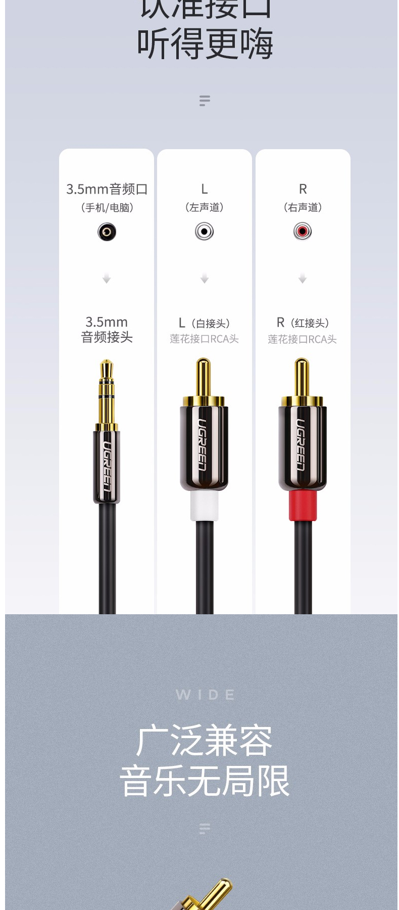 绿联 UGREEN 3.5mm转双莲花音频线 10510 公对公 2米 