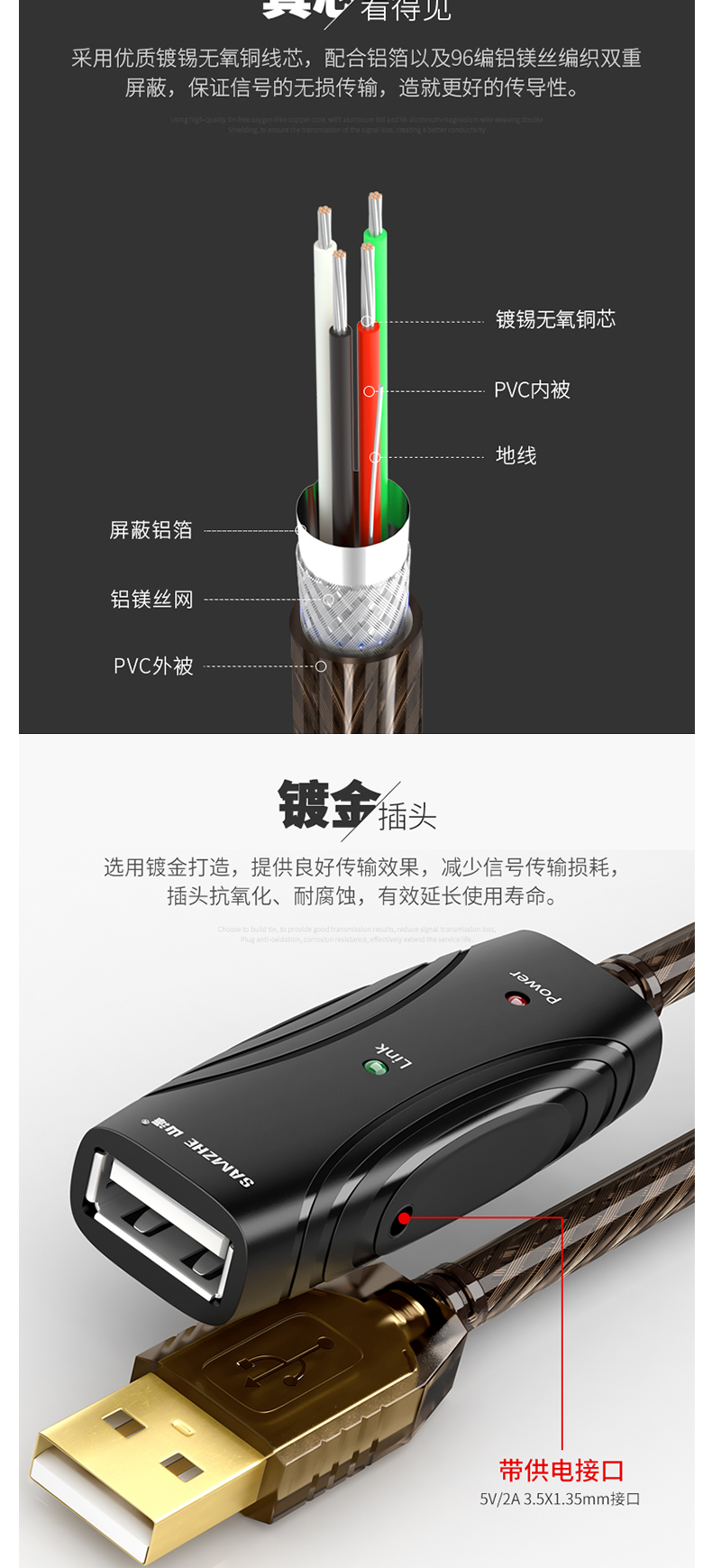 山泽 SAMZHE USB延长器 FD-25U 公对母延长线usb2.0 内置超强芯片 带DC供电接口 25米 