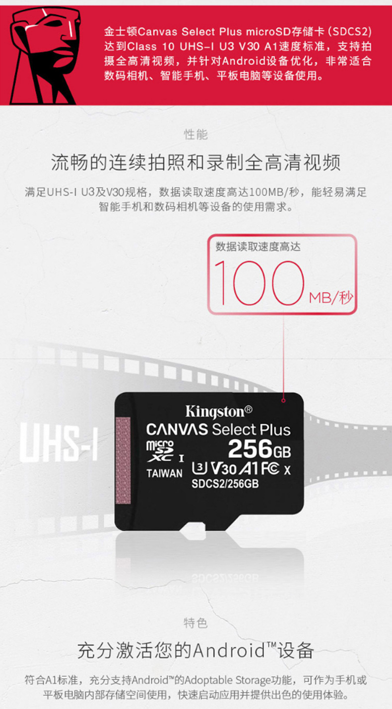 金士顿 Kingston TF(MicroSD)存储卡 SDCS2 A1 V30 U3 switch内存卡 256GB  读速100MB/s 写速85MB/s