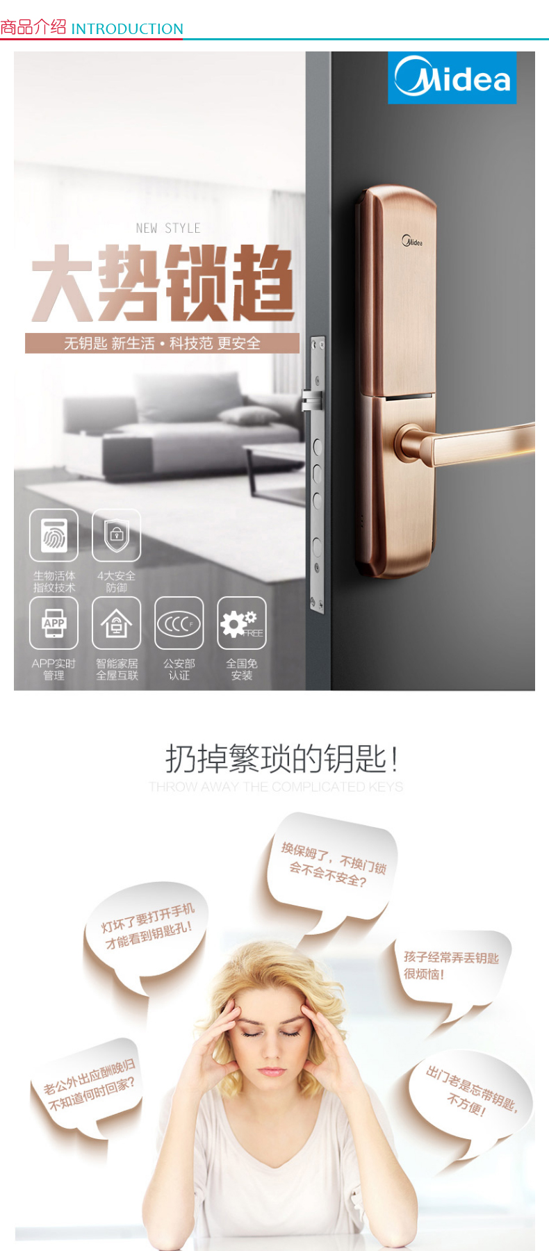 美的 Midea 智能门锁 MOLK-LA012-B N/A  木门 左开 半导体指纹头 联网