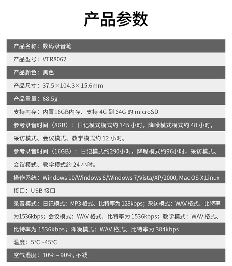 飞利浦 PHILIPS 指纹加密 APP智能专业录音笔 实时翻译 语音转文字 VTR8062 16G 