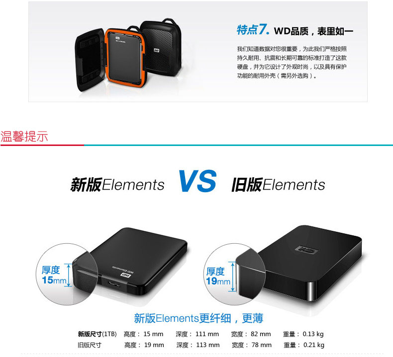 西部数据 WD 移动硬盘 Elements WDBUZG0010BBK 1TB (黑色) 新元素系列 2.5英寸 USB3.0